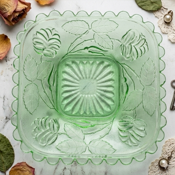 Other - Crown Crystal Green Depression Glass Rose Sunburst Square Trinket Dish Tray